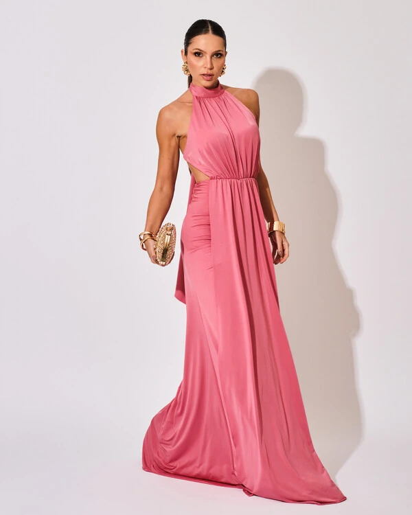 Vestido de Festa Longo Malha Jersey Gola Alta Saia Sereia Rosa