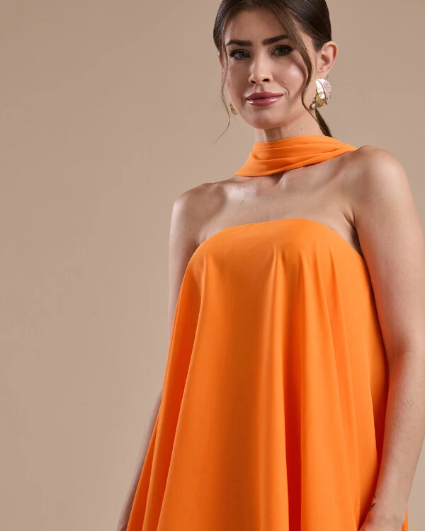 Vestido de Festa Longo Chiffon Crepe em Camadas com Lenço Laranja