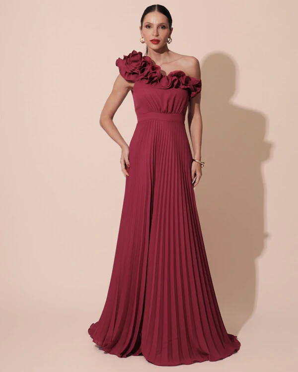 Vestido de Festa um Ombro Só Flor Saia Plissado Cereja