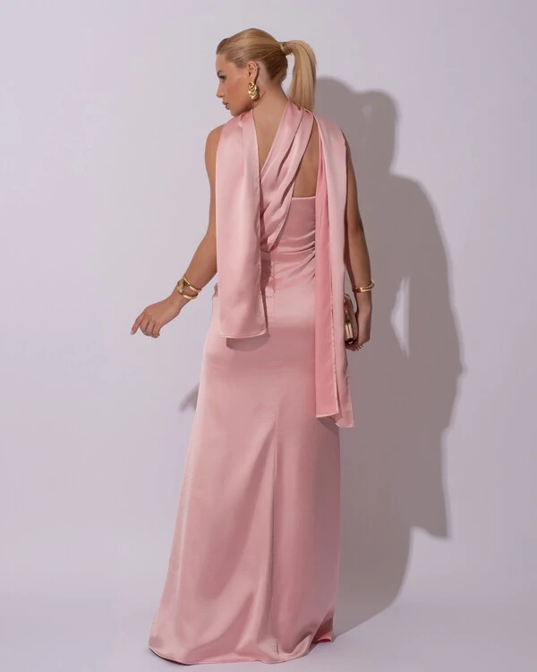 Vestido de Festa Longo Cetim Alfaiataria Tomara que Caia com Faixa Lenço Rose Gold