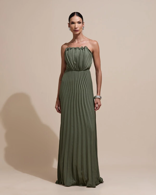 Vestido de Festa Longo Tomara que Caia Plissado Detalhe Verde Oliva