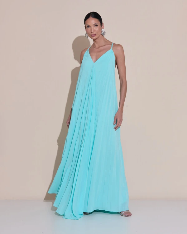 Vestido de Festa Longo Plissado Crepe Chiffon Decote V Alças Finas Tiffany
