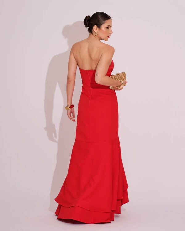 Vestido Longo com Fenda de Babados Alfaiataria Vermelho