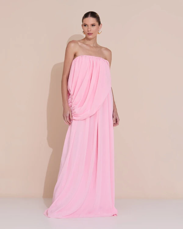 Vestido de Festa Longo Tomara Que Caia Crepe Chiffon Drapeado Rosa Claro
