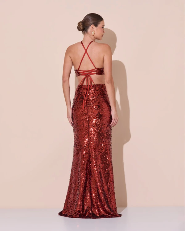 Vestido de Festa Longo Frente Única Paetê Recortes Costas Trançada Terracota