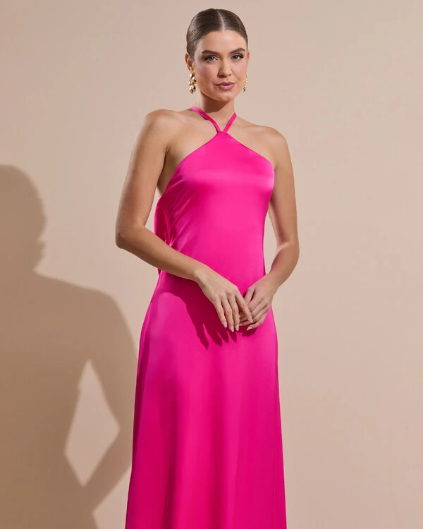 Vestido Longo de Cetim com Decote Triangular e Amarração nas Costas Degagê Pink