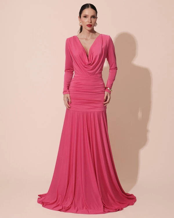 Vestido de Festa Longo Malha Degagê Drapeado Manga Longa Pink New