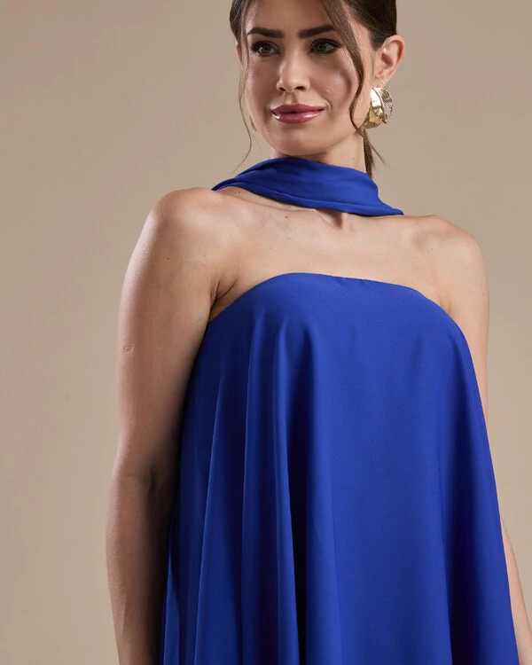 Vestido de Festa Longo Chiffon Crepe em Camadas com Lenço Azul Royal