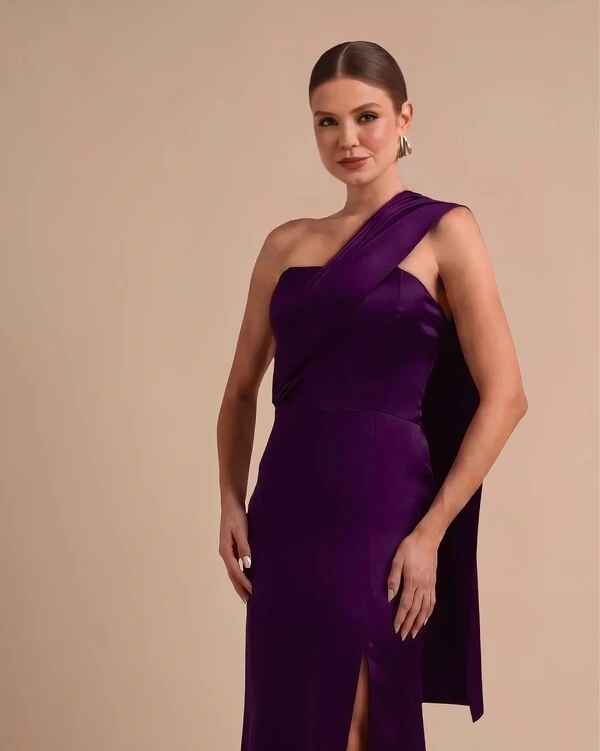Vestido de Festa Longo Cetim Alfaiataria Tomara que Caia com Faixa Lenço Roxo