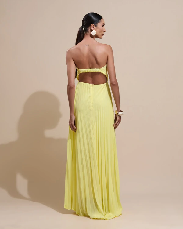 Vestido de Festa Longo Tomara que Caia Plissado Detalhe Amarelo Manteiga