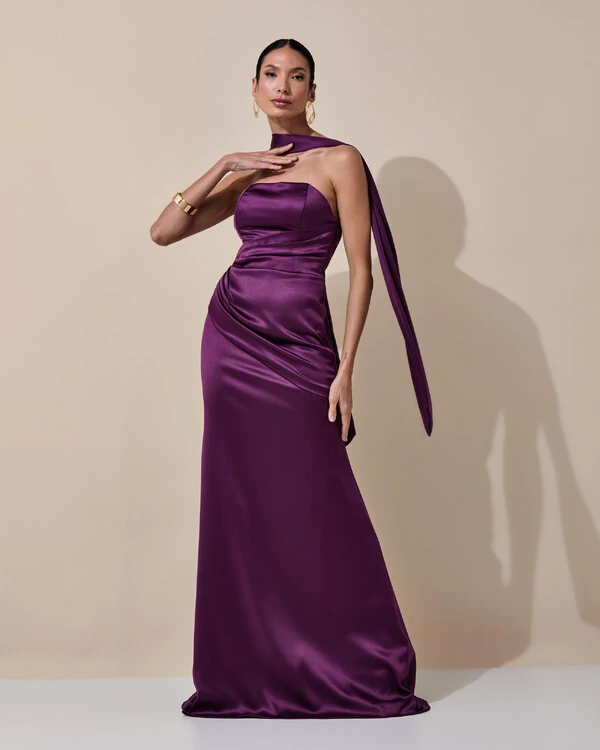 Vestido de Festa Longo Tomara que Caia Cetim Alfaiataria Drapeado Lenço Roxo