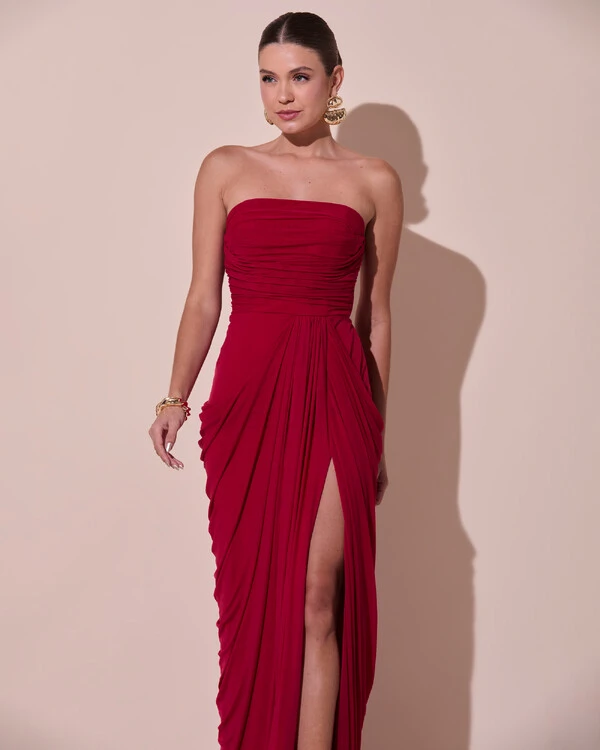 Vestido De Festa Longo Tomara que Caia Tule Drapeado Fenda Cereja