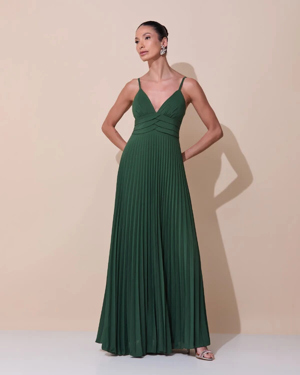 Vestido de Festa Longo Plissado Crepe Chiffon com Alça e Lenço Verde Escuro New