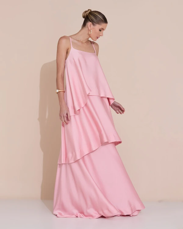 Vestido de Festa Longo Decote Reto Alças Finas Cetim Camadas Rose Gold