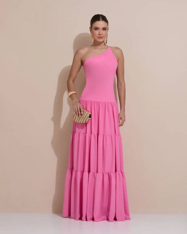Vestido de Festa Longo Um ombro Só Crepe Chiffon Saia Fluida Rosa