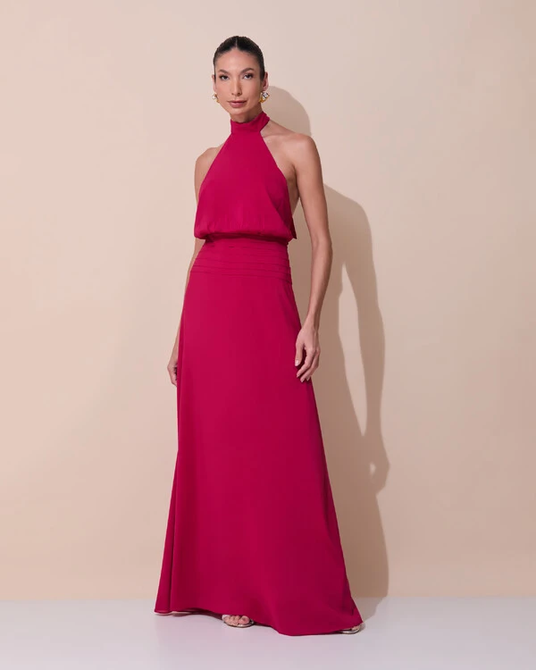 Vestido de Festa Longo Frente Única Busto Blousê Crepe Chiffon Drapeado Cereja