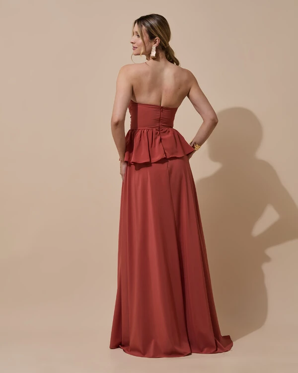 Vestido de Festa Longo Crepe Chiffon Tomara que Caia Peplum Drapeado Terracota