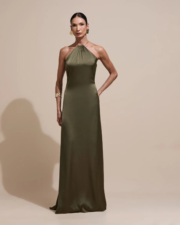 Vestido de Festa Longo Cetim Fluido com Argola Frente Única Verde Oliva