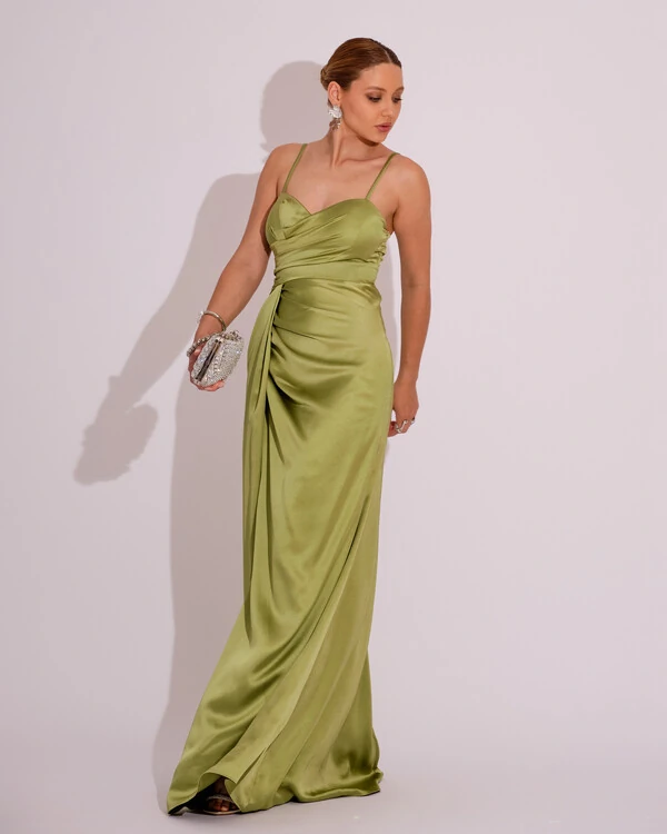 Vestido de Festa Longo Cetim Alfaiataria Fenda Drapeada Verde Lima
