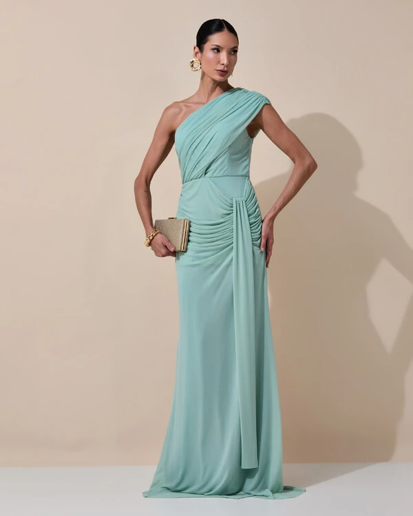 Vestido de Festa Longo Um Ombro Só Tule Drapeado Faixa Verde Menta