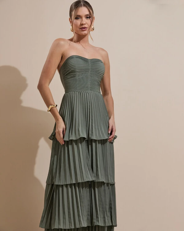 Vestido de Festa Longo Tomara que Caia Crepe Chiffon Plissado Camadas Verde Oliva