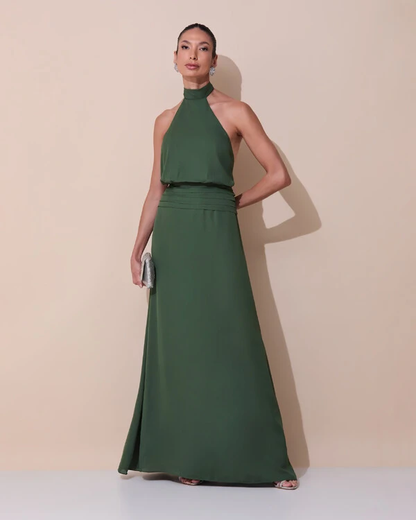 Vestido de Festa Longo Frente Única Busto Blousê Crepe Chiffon Drapeado Verde Escuro
