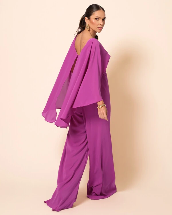 Macacão de Festa Longo Crepe Chiffon com Capa Fúcsia