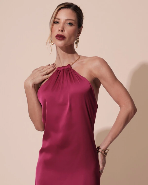 Vestido de Festa Longo Cetim Fluido com Argola Frente Única Beterraba