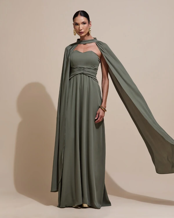 Vestido de Festa Longo Tomara Que Caia Crepe Chiffon Drapeado Capa Verde Oliva