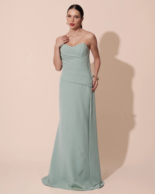 Vestido de Festa Longo Alfaiataria Tomara que Caia Drapeado Faixa Verde Menta