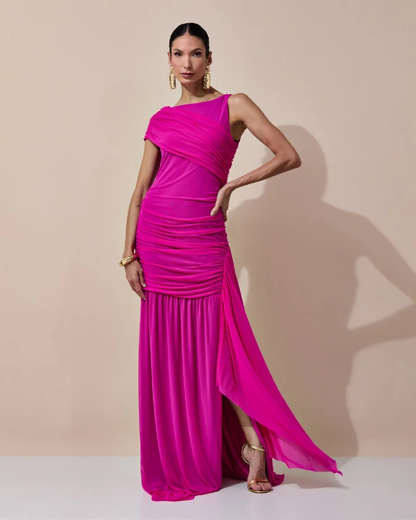 Vestido de Festa Longo Tule Faixa Detalhe Drapeado Pink New