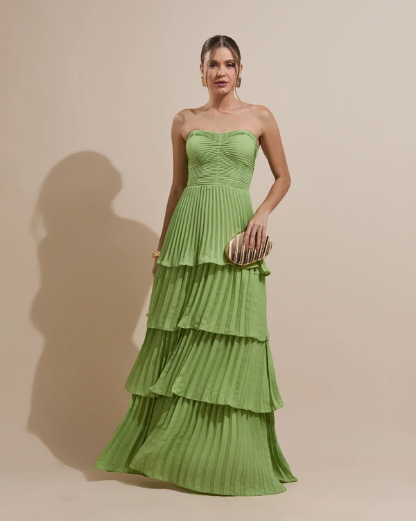 Vestido de Festa Longo Tomara que Caia Crepe Chiffon Plissado Camadas Verde Garden