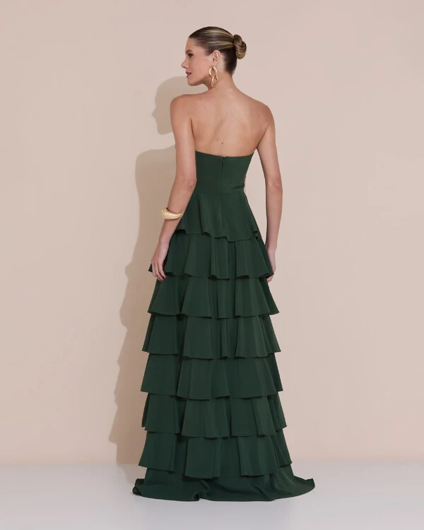 Vestido de Festa Longo Crepe Chiffon Tomara que Caia Plissado Flor Camadas Verde Escuro New