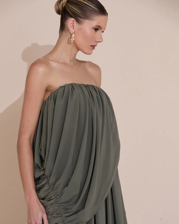 Vestido de Festa Longo Tomara Que Caia Crepe Chiffon Drapeado Verde Oliva
