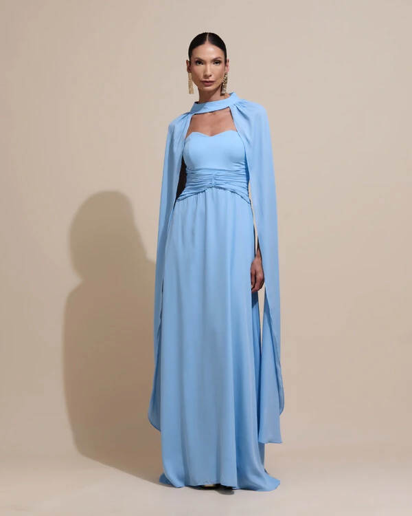 Vestido de Festa Longo Tomara Que Caia Crepe Chiffon Drapeado Capa Serenity