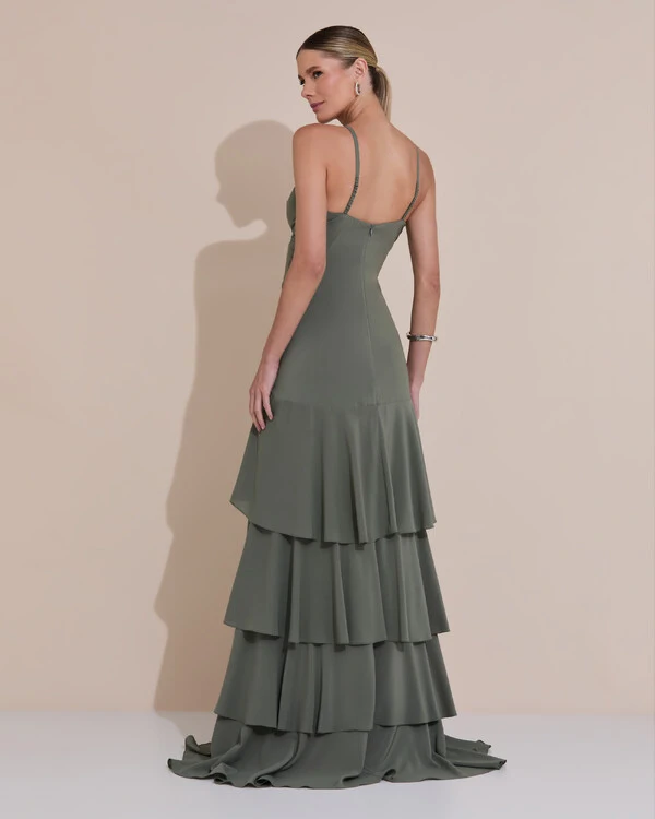 Vestido Longo Crepe com Babado em Camadas Verde Oliva