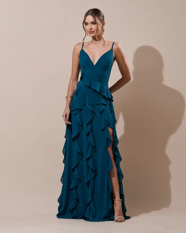 Vestido de Festa Longo Decote V Crepe Chiffon Babados Cascata e Fenda Verde Escuro