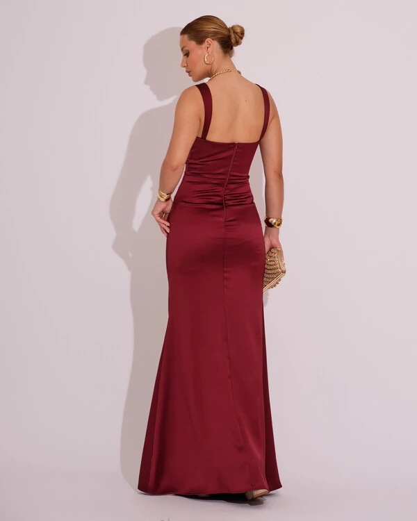 Vestido Longo de Festa Cetim Alfaiataria Drapeado Sereia Marsala