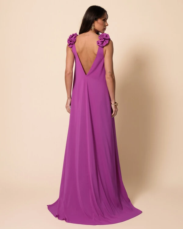 Vestido de Festa Longo Crepe Chiffon Fluido Decote em V Flores Fúcsia