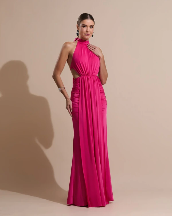Vestido de Festa Longo Malha Jersey Gola Alta Saia Sereia Pink New