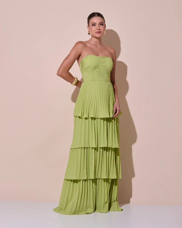 Vestido de Festa Longo Tomara que Caia Crepe Chiffon Plissado Camadas Verde Claro