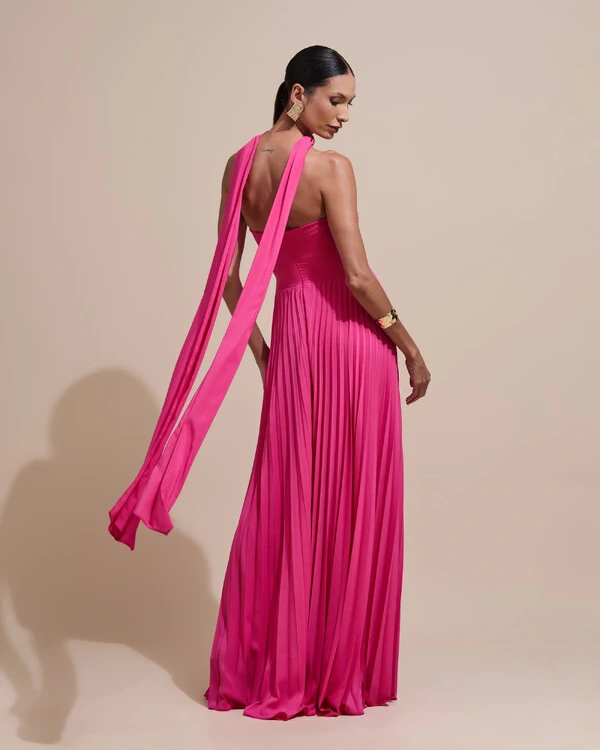 Vestido de Festa Longo Tomara que Caia Plissado com Lenço Pink New