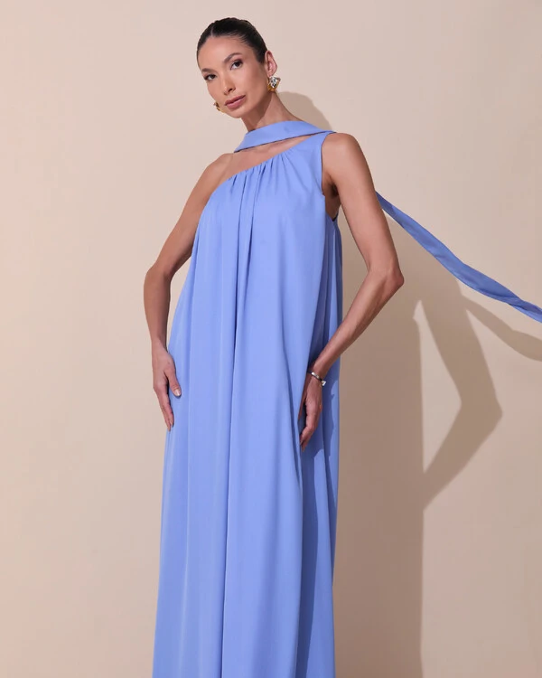 Vestido de Festa Longo Crepe Fluido um Ombro Só com Lenço Azul Atlantis