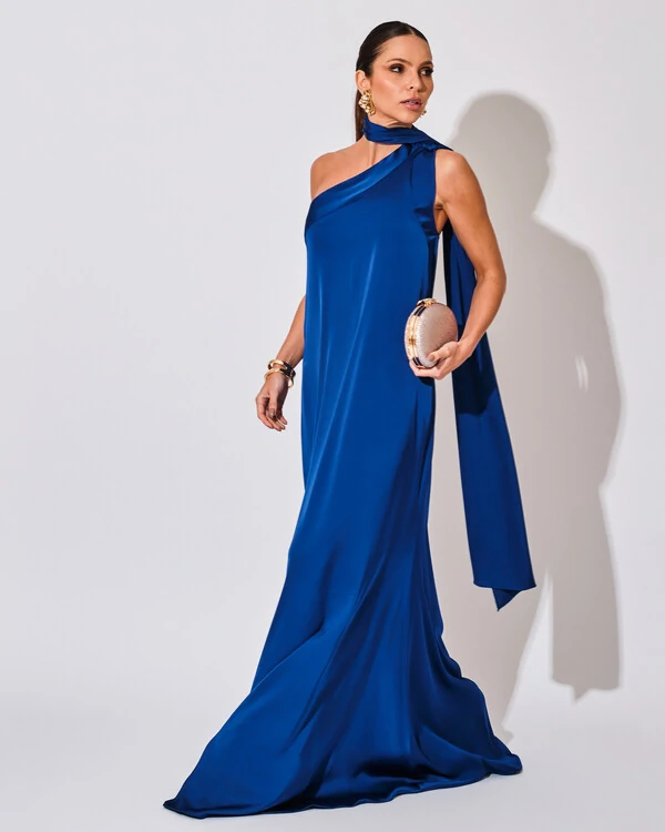 Vestido de Festa Longo Cetim Fluido Um Ombro Só Lenço Fixo Azul Royal