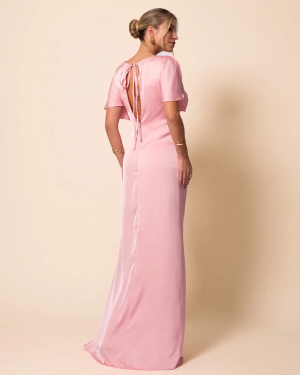 Vestido de Festa Longo Cetim Fluido Manga Curta Drapeado Rose