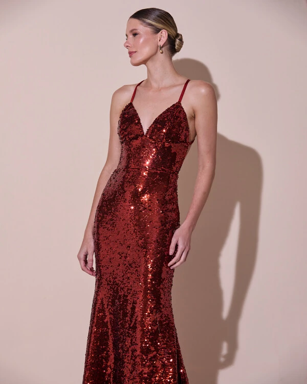 Vestido de Festa Longo Decote V Paetê Alças Finas Saia Sereia Terracota