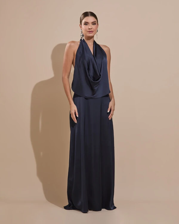 Vestido de Festa Longo Cetim Fluido Frente Única Degagê Mil Formas Azul Marinho