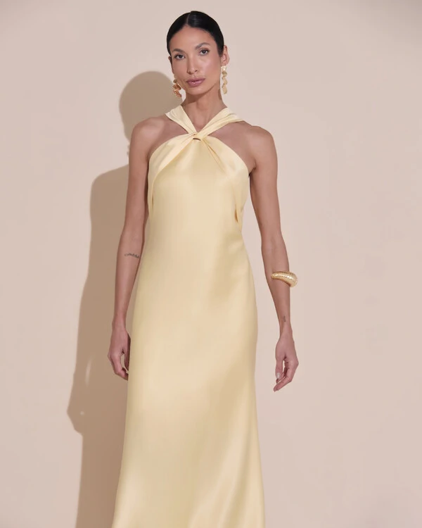 Vestido de Festa Midi Frente Única Cetim Amarelo Manteiga