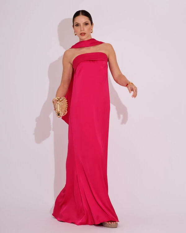 Vestido Longo de Festa Tomara que Caia Cetim com Lenço Pink