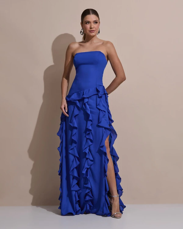 Vestido de festa Longo Tomara que Caia Crepe Chiffon com Babados Cascata e Fenda Azul Royal